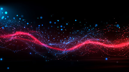 Fototapeta premium Colorful abstract wave pattern with glowing dots and flowing lines in dark background