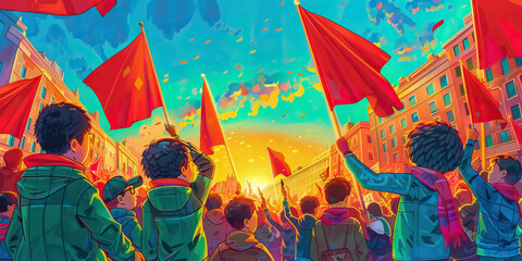 Children and Young Adults Holding Red Flags in a City Street