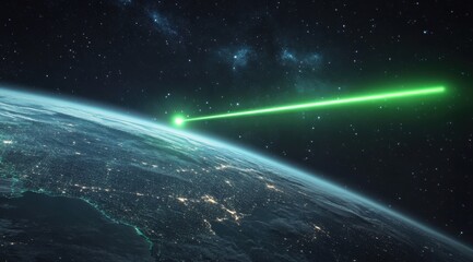 Obraz premium Green Laser Beam Shooting from Earth into Space with Stars in Background