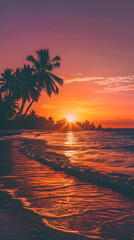 Harmonious Blend of Nature: Serene Beach Sunset with Swaying Palm Trees
