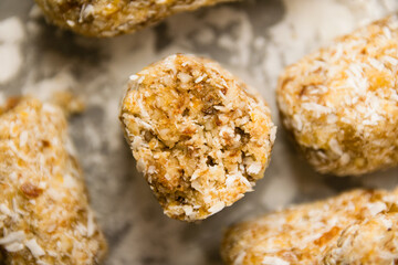 Delicious homemade energy bars without sugar on light background. Diet and healthy eating concept