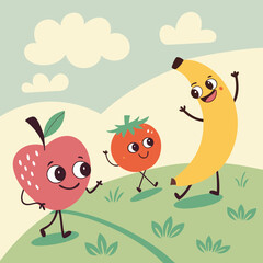 Playful fruit characters in pastel.