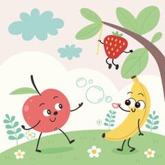 Playful fruit characters in pastel.