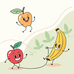 Playful fruit characters in pastel.