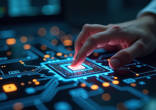 futuristic technology uses fingers activate circuit board abstract background