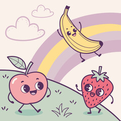 Playful fruit characters in pastel.