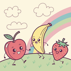 Playful fruit characters in pastel.