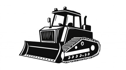 Black and white illustration of a powerful bulldozer with tracks and a large blade, ready for work.