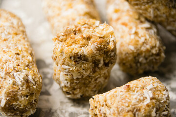 Delicious homemade energy bars without sugar on light background. Diet and healthy eating concept