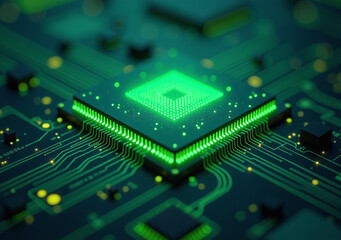 glowing green cpu forms part abstract technical computer system