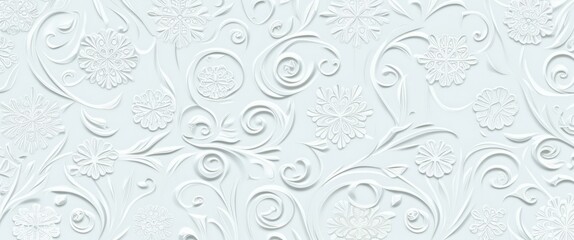 Intricate white floral pattern, embossed texture, delicate swirls and curves, detailed relief design, ornate wallpaper style, baroque-inspired motif, seamless repeating pattern, subtle shadows, elegan