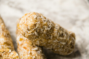 Delicious homemade energy bars without sugar on light background. Diet and healthy eating concept