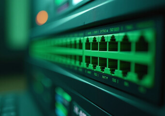 green network interface located behind computer monitor screen