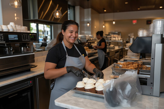 Joyful bakery staff member decorating cupcakes in a busy cafe kitchen