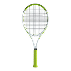 Tennis Racket with Green Grip on White Background, showcasing sleek design and vibrant color contrast, ideal for sports enthusiasts and players.