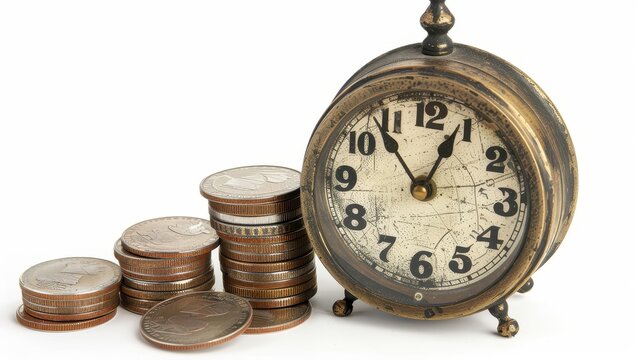 Vintage clock and coins display isolated background still life finance
