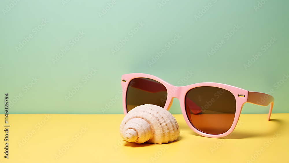 Poster a pair of sunglasses and a seashell sit together on a brightly colored background in a visually appe
