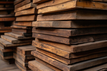 Wooden planks stacked neatly in a workshop with warm lighting during the afternoon