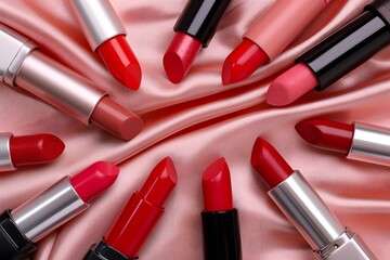 Obraz premium Assorted lipsticks in red and pink shades on pink satin fabric background. Glamorous flat lay composition for beauty and cosmetic branding.