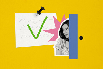 Composite creative art collage of cunning businesswoman peek door memo sticker checkmark approval...
