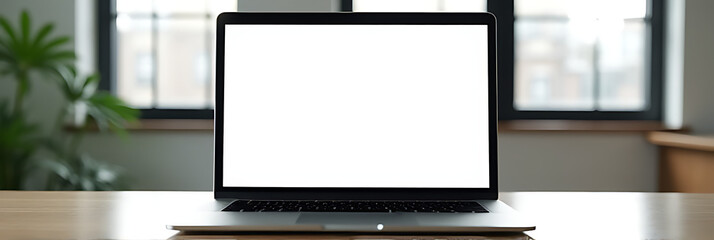 Fototapeta premium A modern laptop sits on a wooden desk in front of an office window with a blank screen._00001_