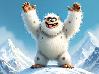 Yeti, abominable snowman, cartoon, animated, happy, smiling, friendly, furry, white, blue, cheerful, playful, excited, arms raised, celebrating, joyful, cute, funny, monster, mythical creature, big ey