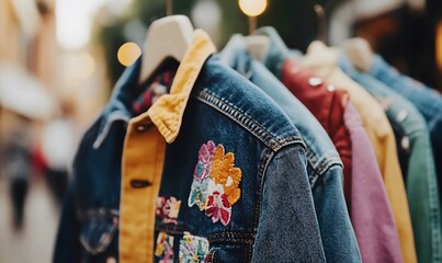 Second hand colorful denim jackets emphasizing sustainable fashion
