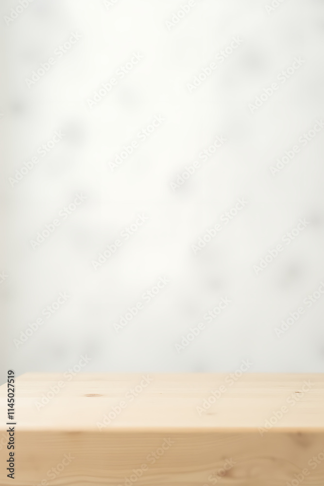 Poster A minimalist wooden tabletop sits atop a soft focus white background with subtle hints of blur and texture surrounding it._00002_