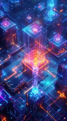 Luminous City Network of Futuristic Architectural Structures with Glowing Neon Lights Geometric Shapes and Data Grids in a Futuristic Digital Landscape