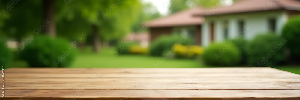 Aufkleber A minimalist wooden table with an empty surface stands against a blurred backdrop of lush greenery from a nearby garden and house._00003_