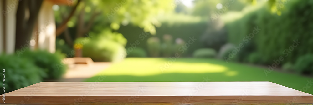 Poster A minimalist wooden table with an empty surface stands against a blurred backdrop of lush greenery from a nearby garden and house._00001_