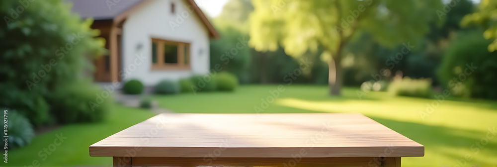 Aufkleber a minimalist wooden table with an empty surface stands against a blurred backdrop of lush greenery f