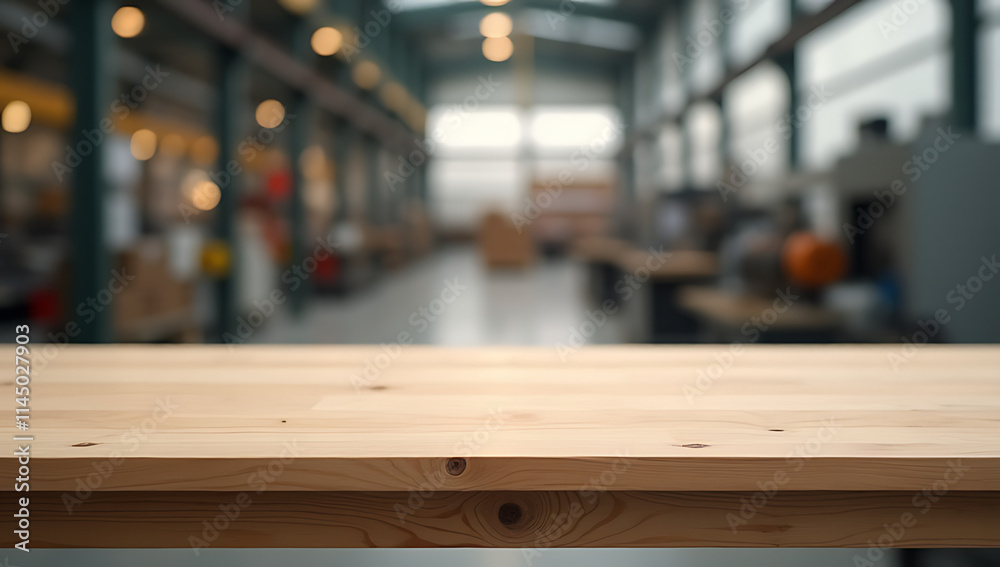 Poster a minimalist wooden table with a blank surface sits atop a blurred factory backdrop, ideal for produ
