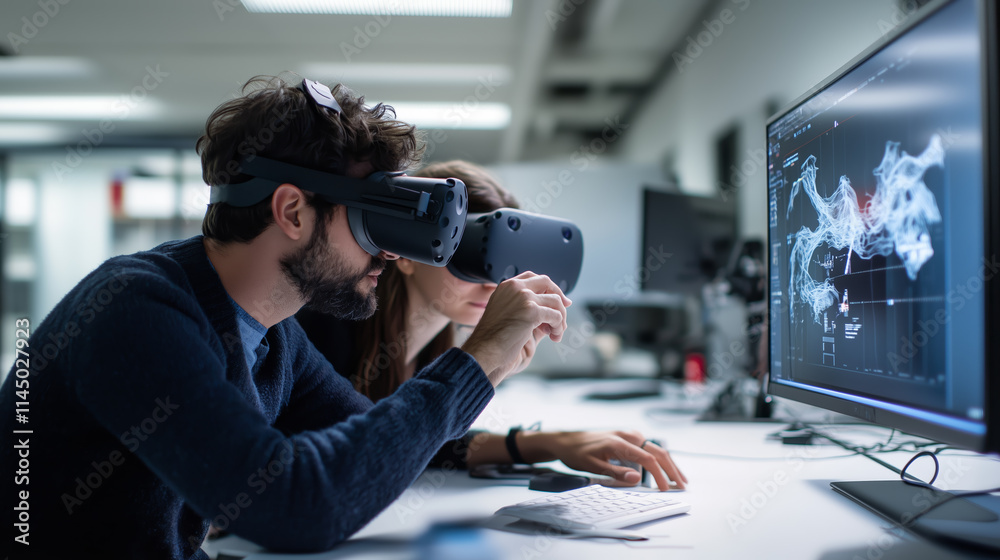 Poster professionals collaborate on virtual reality project while utilizing advanced technology in a modern