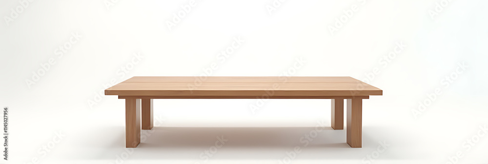 Poster a minimalist wooden table with a blank slate surface set against a clean white background for produc
