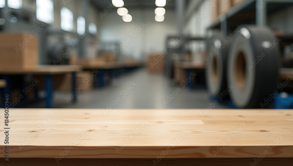 Poster a minimalist wooden table with a blank surface sits atop a blurred factory backdrop, ideal for produ