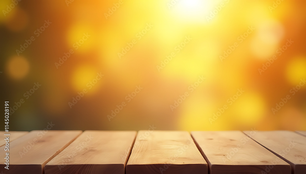 Poster a minimalist wooden table top is depicted against a warm gold bokeh backdrop suitable for product di