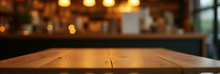 Obraz premium A minimalist wooden table top is elegantly set against a blurred, golden bokeh in a dimly lit café background._00001_