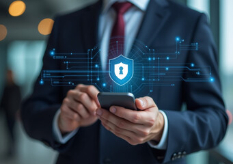 Fototapeta premium man uses smartphone show protect network unauthorized access firewall formal business