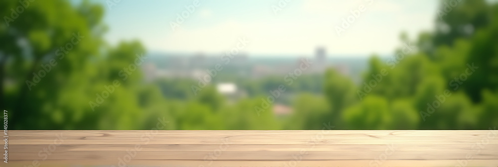 Poster A minimalist wooden table stands empty amidst a blurred background of lush greenery and cityscapes for a product display or key visual._00001_