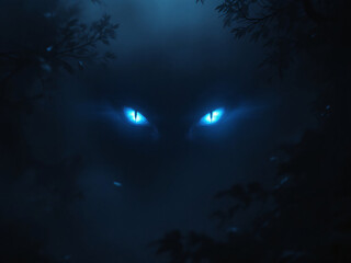Glowing green eyes of a monster lurking in a dark, foggy forest.