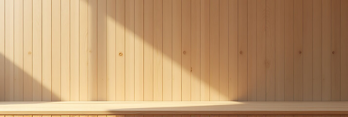 A minimalist wooden table stands against a matching wooden wall, ideal for showcasing products in design and marketing visuals._00001_