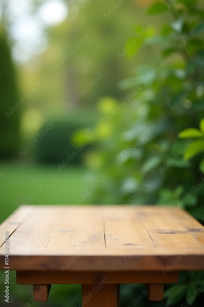 Poster a minimalist wooden table sits empty amidst an abstract blurred green garden background with no visi