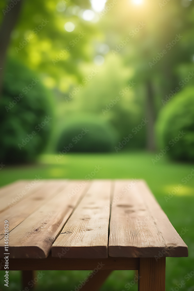 Poster a minimalist wooden table sits empty amidst an abstract blurred green garden background with no visi
