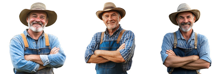 Set of a, A middle-aged farmer, wearing overalls and a hat, stands with arms crossed, smiling at the cameraisolated on a clean white background.