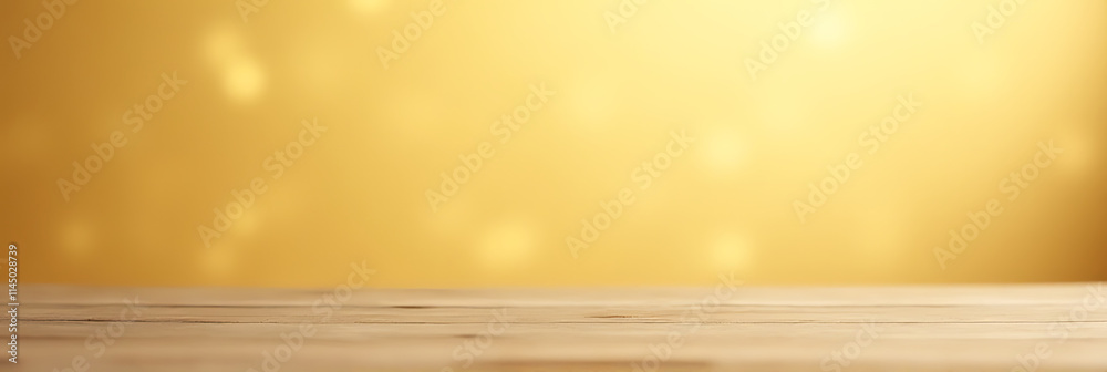 Poster a minimalist wooden table is set against a warm, blurred light gold background in an artistic abstra