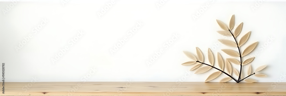 Aufkleber a minimalist wood table stands against a white wall with a natural tree leaf pattern serving as a de