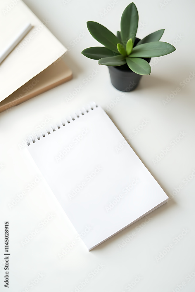 Poster A minimalist setup features a simple white notepad next to a small potted eucalyptus plant on a clean worktable._00003_