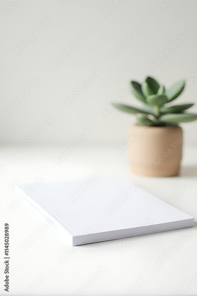 Poster A minimalist setup features a simple white notepad next to a small potted eucalyptus plant on a clean worktable._00001_