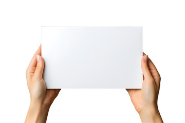 Hand holding a blank white sheet of paper with copy space, isolated on a transparent background.